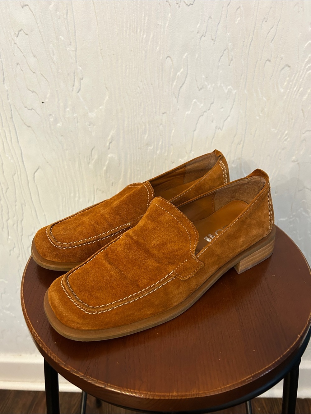 VINTAGE Aldo Suede Square Toe Loafers Cognac Brown 37 Fall Autumn Neutral